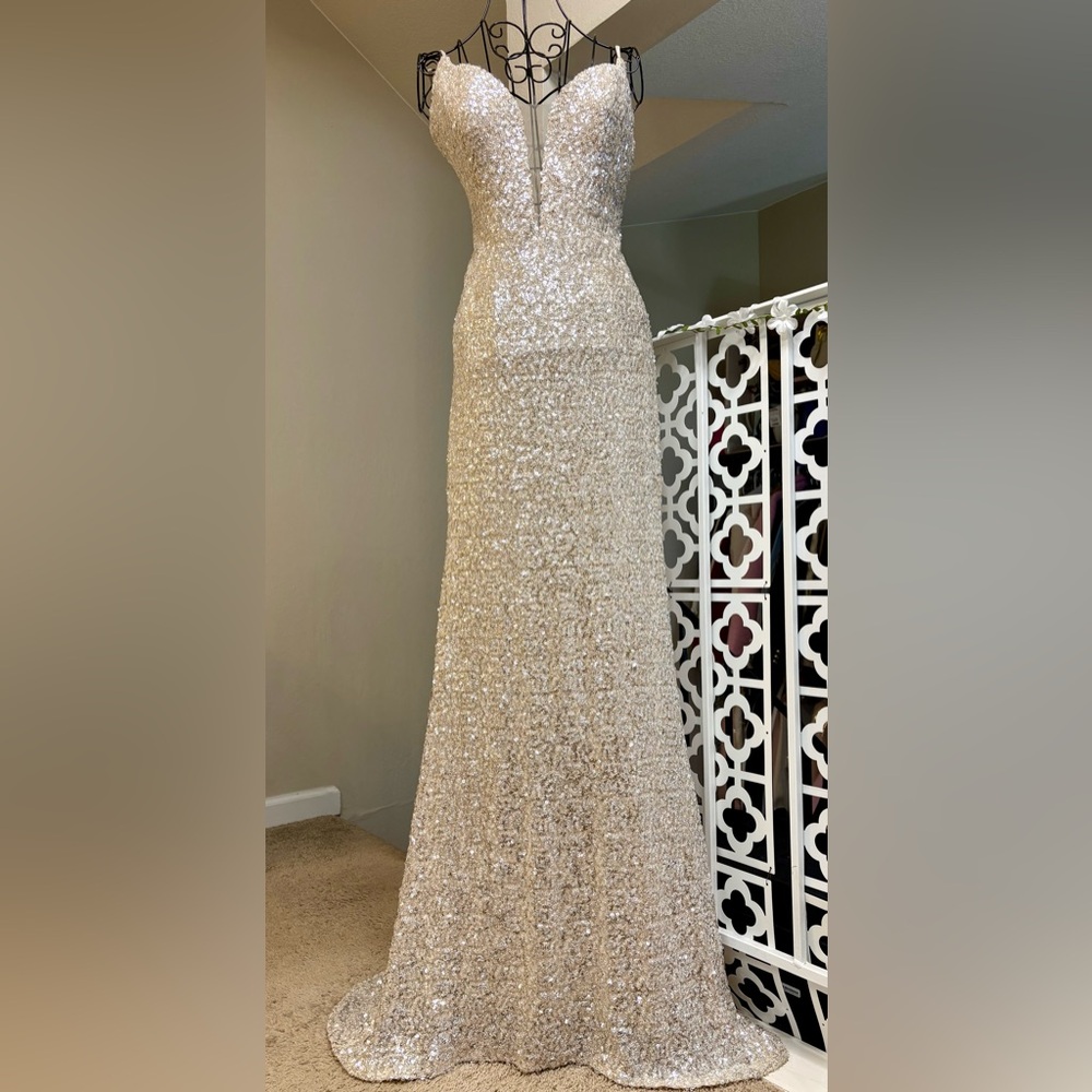 La Femme Champagne Sequin Maxi Gown